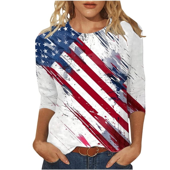 4th of July Tops for Women Petite Patriotic 3/4 Sleeve Crew Neck Tops USA Flag Print T Shirts Lady Independence Day Casual Tops Funny 4th of July Tunic Tees 2026 Summer Patriotic Clothes