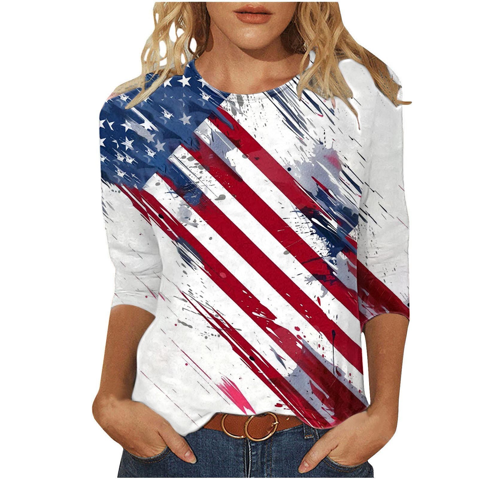 4th of July Tops for Women Petite Patriotic 3/4 Sleeve Crew Neck Tops USA Flag Print T Shirts Lady Independence Day Casual Tops Funny 4th of July Tunic Tees 2026 Summer Patriotic Clothes