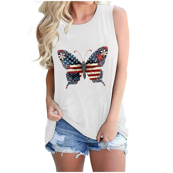 4th of July Tops for Women Tanks Cute Crewneck Sleeveless Shirts Gnome Stars Stripes Printed Patriotic Tees Summer Loose Vest Blouses Independence Day Womens American Flag Camisoles Clothing