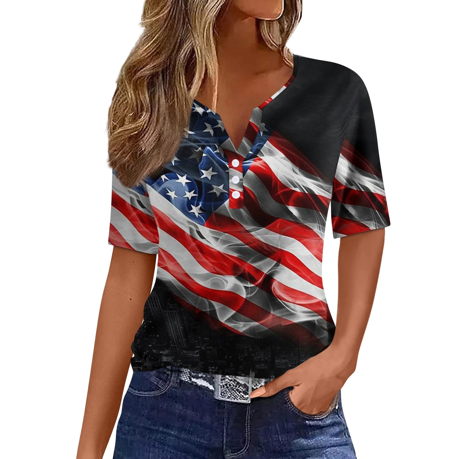 4th of July Tops Y2K American Flag Print Buttons Festival Tops Trendy ...