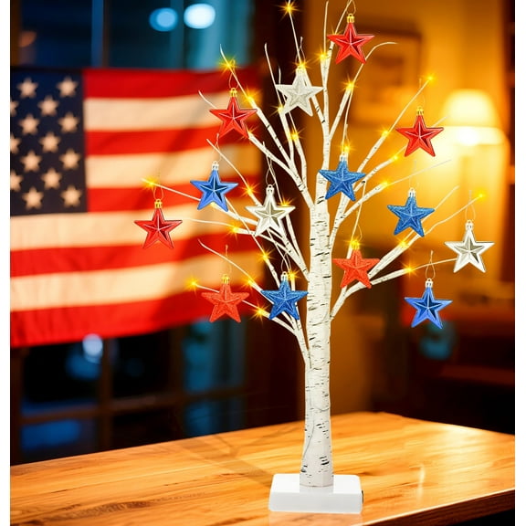Fourth of July Tree Decorations Patriotic Ornaments Red White Blue Star Tabletop Decoratiaon 8 Lighted Tree for Memorial Day Independence Day Party Supplies Design 4