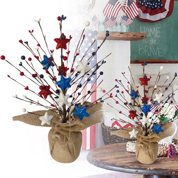 4th of July Tree Table Centerpiece Decoration 19.7inch Artificial Tree with Burlap Base Star Berries Tulip Branches Patriotic Bonsai Tree for independence Day Home Decor