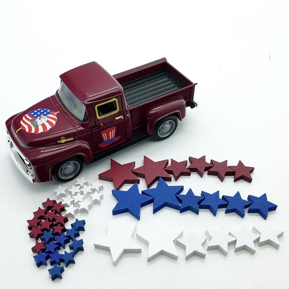 4th of July Truck Decoration,Vintage Metal Trucks Pickup Patriotic America 250th Anniversary Tiered Tray Decor for Tabletop Home Kitchen Centerpiece,Memorial Day Truck with 48Pcs Star