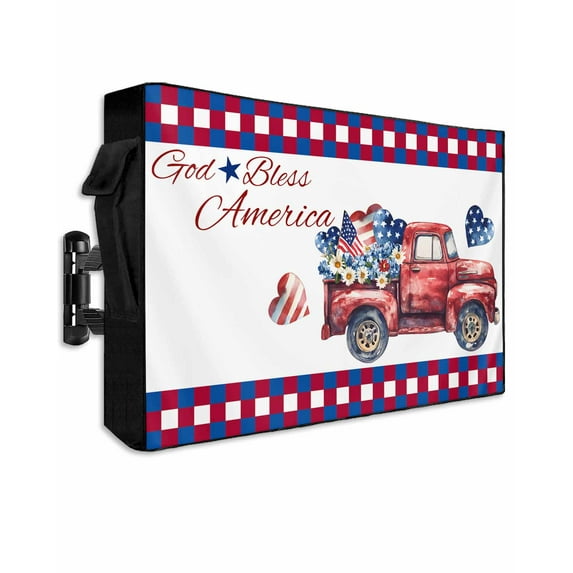 4th of July Truck Outdoor TV Cover 52 to 55 Inch Weatherproof, Love Heart Independence Day Red Blue 600D Oxford TV Covers with Waterproof Zipper, Outside Flat TV Screen Protector Size 52"Wx19"Hx4.5"D
