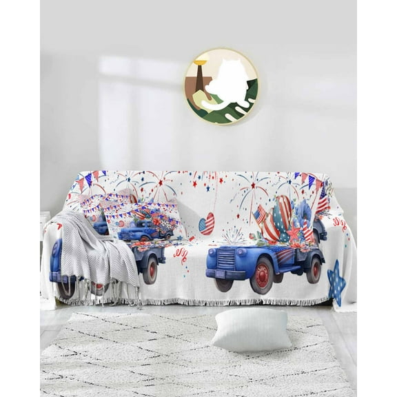 4th of July Truck Sofa Couch Covers for 3 Cushion Couch,Washable L Shape Sectional Sofa Covers for Loverseat/Pets,Patriotic Memorial Floral Red Blue Flag Slipcover Throw Blanket Futon Cover 71x134