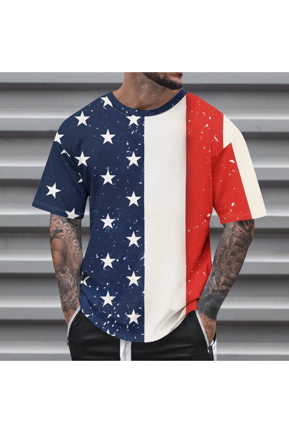 4th of July Tshirt Mens Patriotic T-Shirt Men Independence Day T-Shirt Mens American Flag Shirt Summer Fashion Casual Men's Round Neck Printed T-Shirt Top