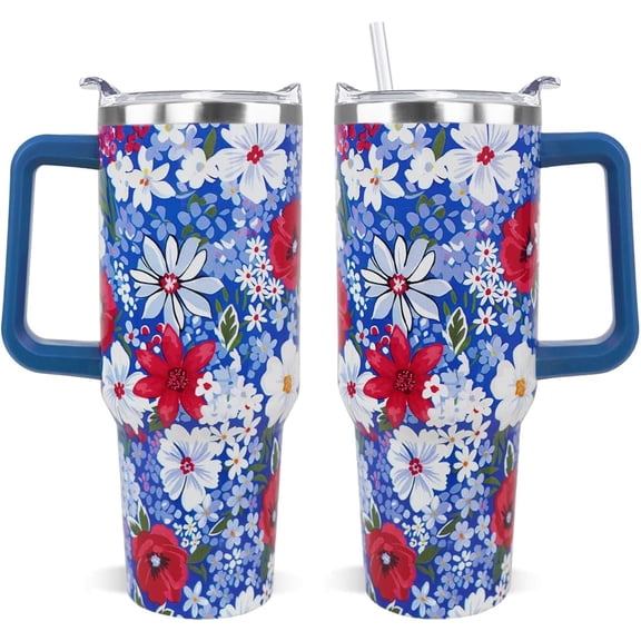 4th of July Tumbler 40oz Independence Flowers Coffee Mugs Patriotic Leak Proof Cups with Handle and Straw Stainless Steel Insulated Water Bottle Memorial Day Decor Gifts for Women Retirement(1PCS)