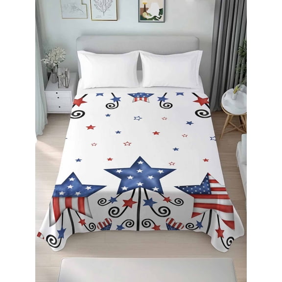 4th of July Twim Size Flat Sheet, Wrinkleproof & Fadeproof Cooling Flat Bed Sheet Only, Blue Red Star Watercolor Independence Day Breathable Soft Bedding Top Sheets 66 x 96 Inches