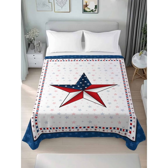 4th of July Twim Size Flat Sheet, Wrinkleproof & Fadeproof Cooling Flat Bed Sheet Only, Independence Day Blue Board Star Breathable Soft Bedding Top Sheets 66 x 96 Inches