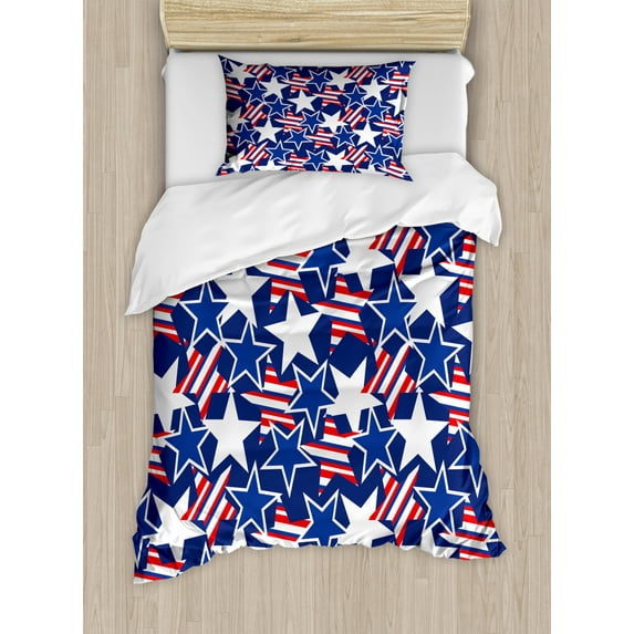 4th of July Twin Size Duvet Cover Set, Stars and Stripes of Liberty and Freedom Patriotic American Pattern, Decorative 2 Piece Bedding Set with 1 Pillow Sham, Royal Blue Red White, by Ambesonne