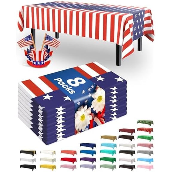 4th of July USA 250th Anniversary Plastic Tablecloth Disposable 8 Pack, Patriotic American Flag Rectangle Table Cover 54 x 108 Inch, Table Cloth for Independence Day BBQ Picnic Party