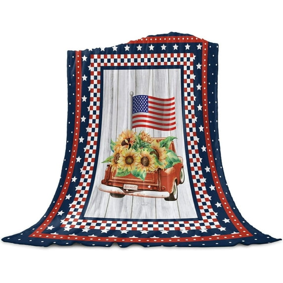 4th of July USA American Flag Farm Trucks Memorial Day Soft Throw Blankets Blue Red White Stripes Stars Rustic Wooden Buffalo Check Flannel Bed Blanket Decorations for Home Sofa Couch Chair ,40x50 IN