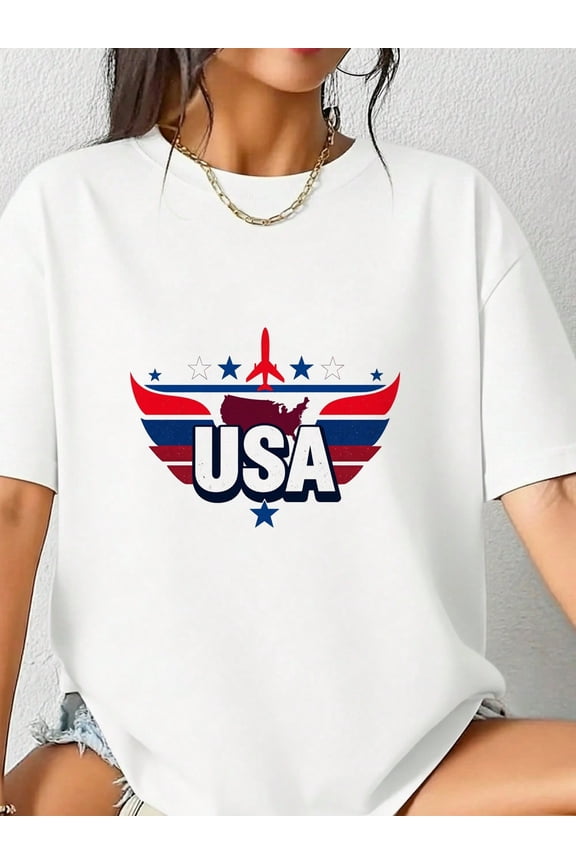 4th Of July USA Aviation Graphic T-Shirt 100% Cotton Short Sleeve Crew Neck Distressed Stars And Stripes Fighter Jet Plane Tee Vintage Patriotic Independence Day Memorial Day Gif-3