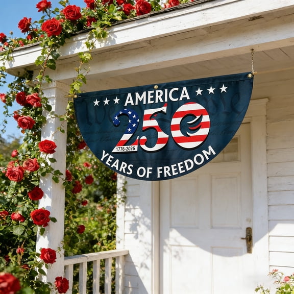 4th of July USA Flag Banner 250th Anniversary Merica Bunting Half Fan Patriotic Porch Garland Decoration 1776-2026 US Red White Blue Memorial Flag with Stars and Stripes