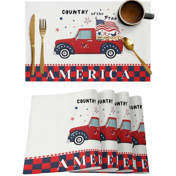 4th of July USA Flag Fence Farm Truck Placemats Set of 4,Wipeable Washable Table Mats for Dining Tables,Star Red Blue Check Place Mats for Kitchen Event Party Tabletop Decor