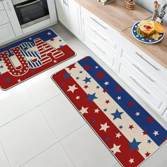 4th of July USA Patriotic Kitchen Rugs Set of 2, America Stars Blue White Red Stripes Independence Day Kitchen Mats Decor, American Floor Door Mat Home Decorations