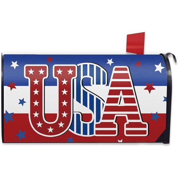 4th of July USA Patriotic Mailbox Cover Magnetic Standard Size 21"x18", America Blue White Red Stripes Decorative Post Letter Box Wrap Decor, American Stars Garden Yard Outdoor Decoration