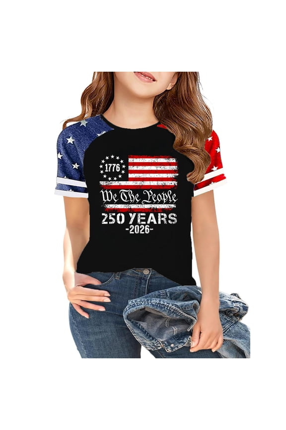 4th of July USA Shirts for Kids Girls Size 8 Short Sleeve Funny 250 Anniversary USA Flag Star Striped Summer Freedom T-Shirts Patriotic Teen Girl Clothes Tee Tops Deep Red 11-12 Years