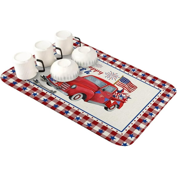 4th of July USA Truck Dish Drying Mat for Kitchen Counter, Super Absorbent Quick Dry Coffee Bar Mat Pad Thin Diatomaceous Sink Mat Non Slip Dish Drainer Mat 16x18 Red Plaid Blue Star Independence Day