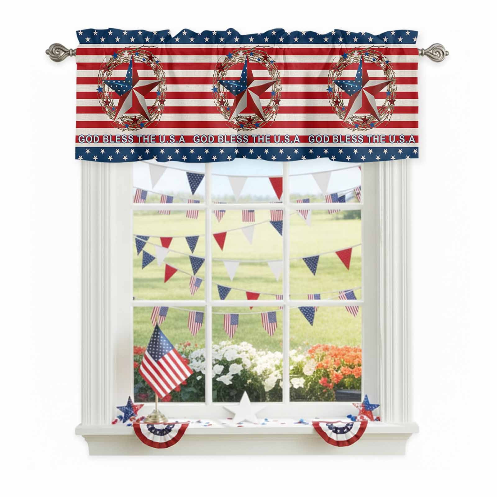 4th of July Valance Curtain for Windows USA Flag Star Red Stripes Rod — free download