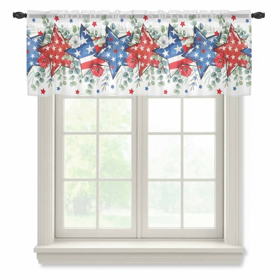 4th of July Valance Curtains for Kitchen/Living Room/Bathroom/Bedroom Window, Rod Pocket Small Topper Half Short Window Curtains Voile Sheer Scarf, Blue Red Stars Independence Day Watercolor 42"x12"