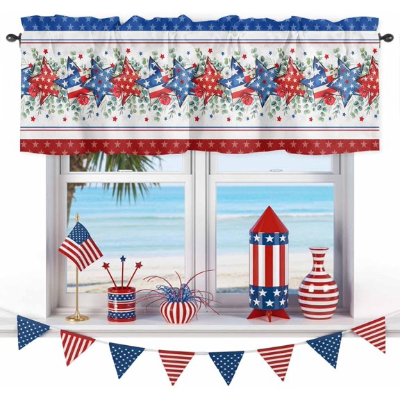 4th of July Valance for Windows Patriotic Stars Curtains Valances Red White and Blue Independence Day Rod Pocket Valance Treatments Memorial Day Short Curtains for Kitchen Living Room 54x18
