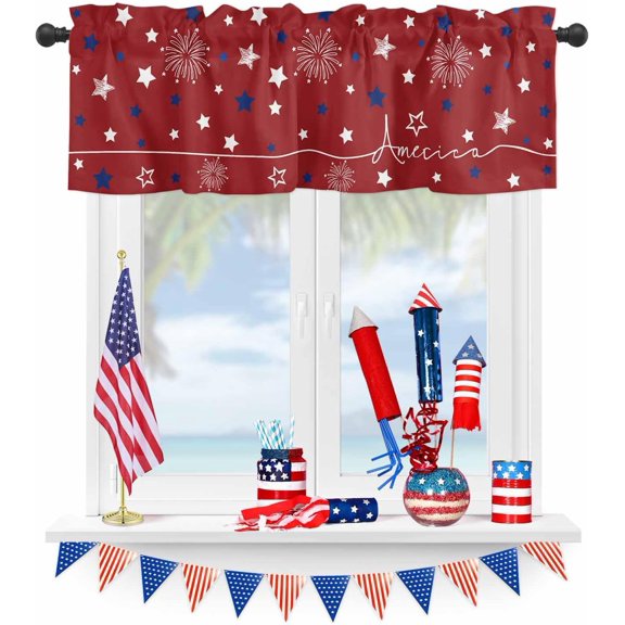 4th of July Valance for Windows Red Blue Stars Firework Curtains Valances Freedom America Valance Window Treatments Independence Day Short Curtains for Kitchen Living Room Holiday Decor 54x18