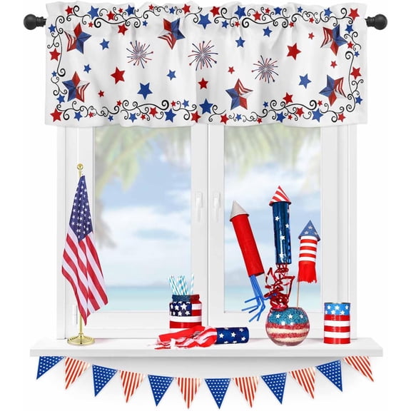 4th of July Valances Curtain American Flag Patriotic Star Curtain for Kitchen Windows Freedom Fireworks Window Curtain for Independence Day, Memorial Day and Veterans Day 54x18 Inch