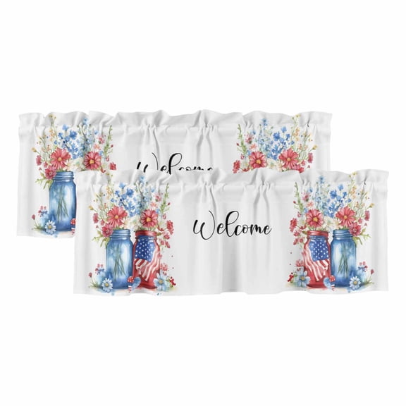 4th of July Valances for Windows, Decorative Rod Pocket Window Valance Curtains, Independence Day Spring Floral American Flag Short Curtain Drapes for Kitchen/Living Room, 2 Panels, 42" W x 12" L