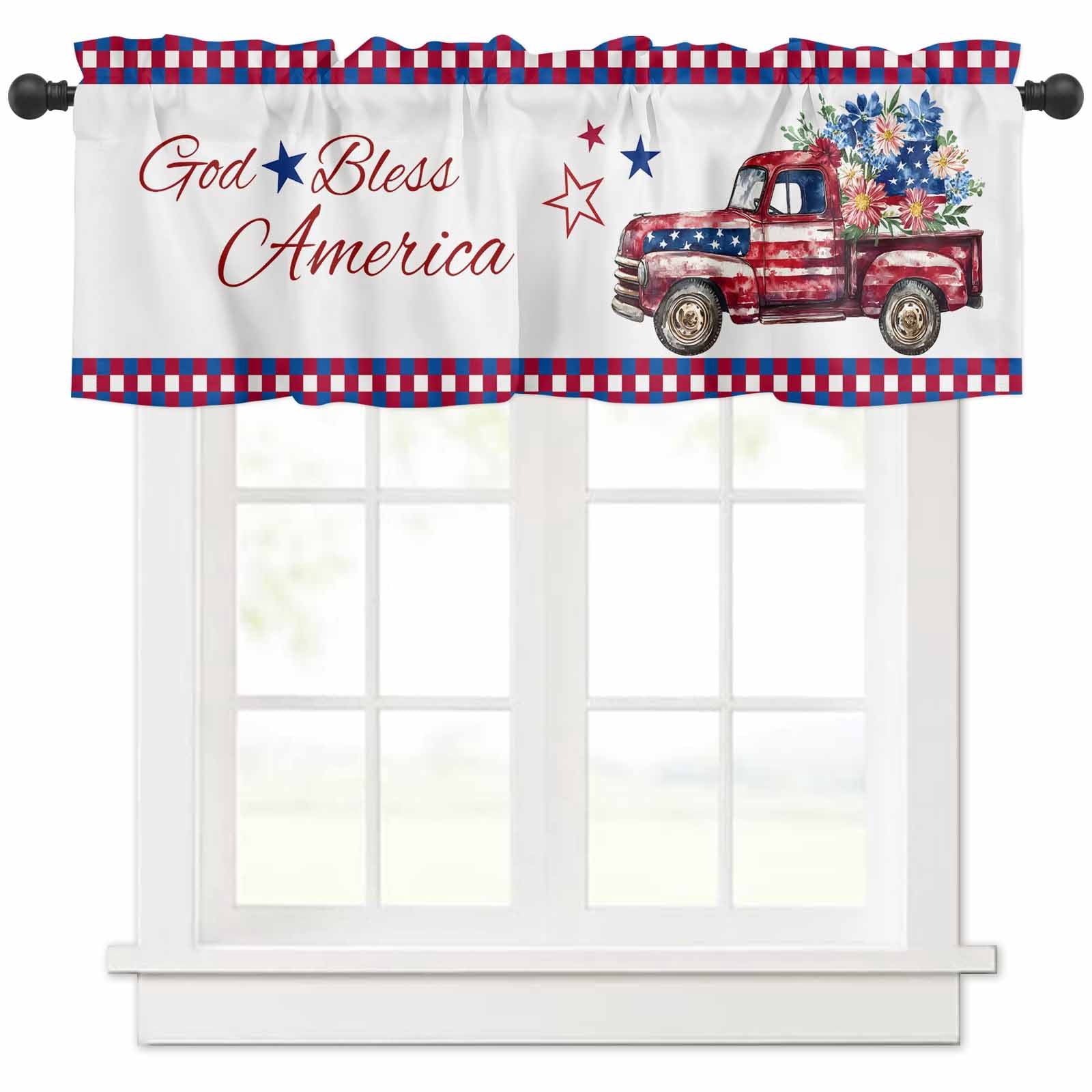 Independence Day Stars Window Valance - Red White Blue Patriotic Curtain, 54" X 18", Rod Pocket
