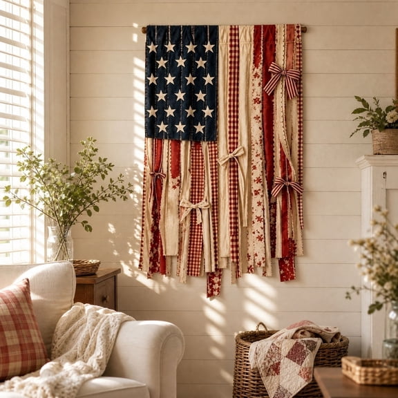 4th of July Vintage Rag American Flag Banner, Rustic Rag Flag Decor with Bows Stars and Stripes, Farmhouse Style Wall Hanging for Independence Day, Patriotic Home and Outdoor Decor
