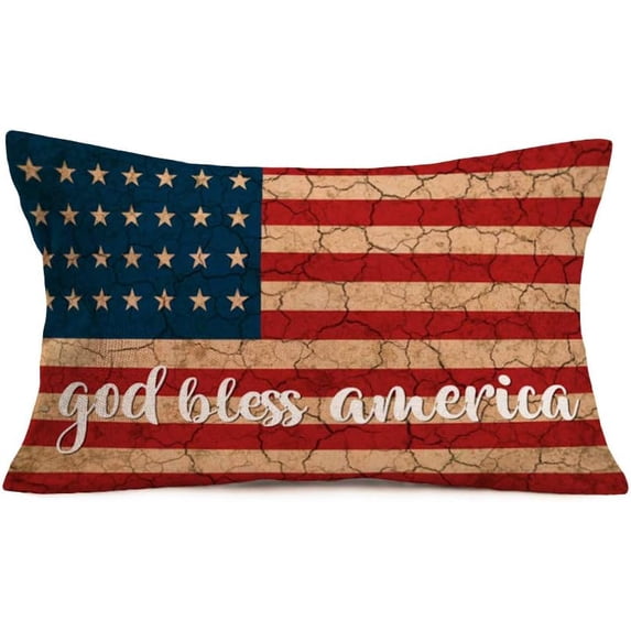 4th of July Vintage USA Flag Decor Farmhouse Cotton Linen Pillow Covers 12x20 Inch God Bless America Patriotic Quote Decorations Lumbar Pillow Cushion Case for Sofa Couch (VD-38)