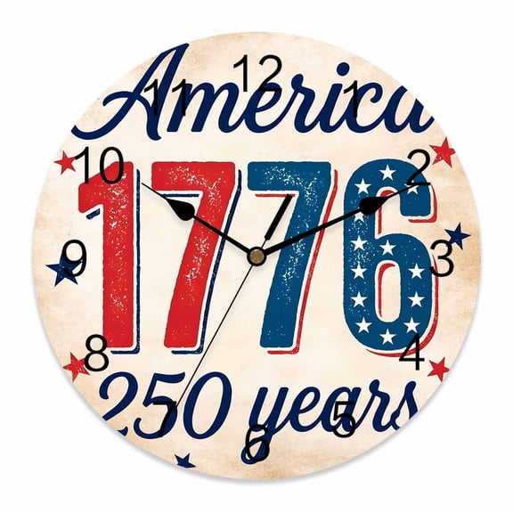4th of July Wall Clock America 250 Years Clocks PVC Silent Non-Ticking Battery Operated Decorative Retro USA Flag Round Clock for Home Living Room Kitchen Bedroom Office School Wall Decor 10 Inch