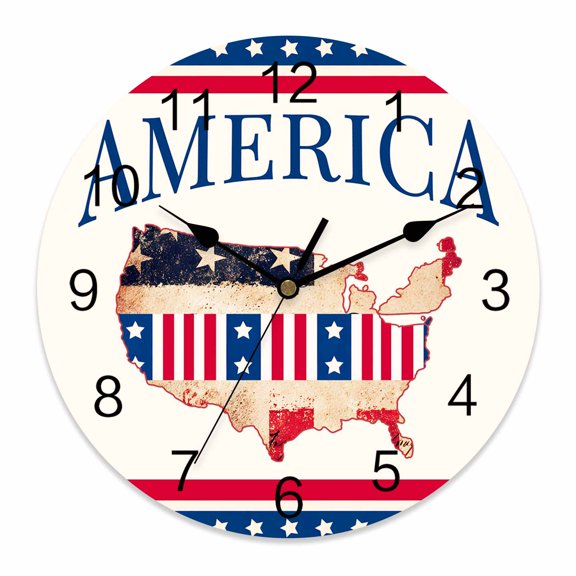 4th of July Wall Clock America 250 Years Clocks PVC Silent Non-Ticking Battery Operated Retro USA Map Patriotic Star Stripes Round Clock for Home Living Room Bedroom Office School Wall Decor 10 Inch