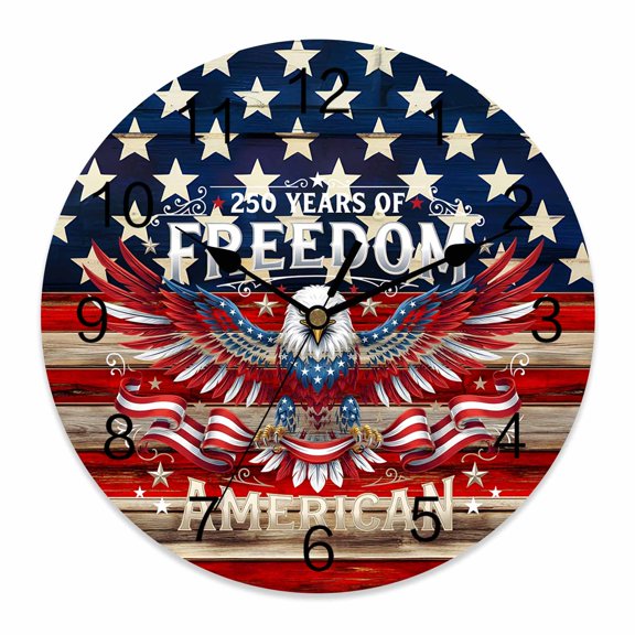 4th of July Wall Clock American 250 Years Clocks PVC Silent Non-Ticking Battery Operated Patriotic Freedom USA Flag Eagle Round Clock for Home Living Room Bedroom Office School Wall Decor 10 Inch