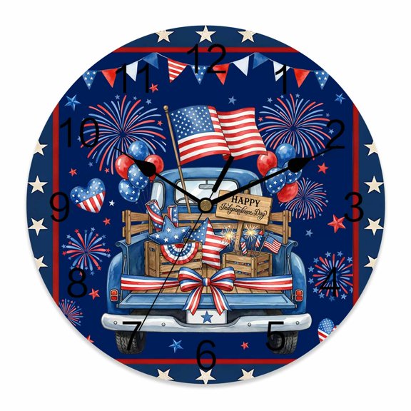 4th of July Wall Clock American Flag Blue Truck Clocks PVC Silent Non-Ticking Battery Operated Patriotic Star Balloon Fireworks Round Clock for Home Living Room Bedroom Office Wall Decor 10 Inch