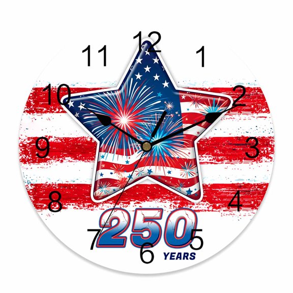 4th of July Wall Clock American Flag Clocks PVC Silent Non-Ticking Battery Operated Patriotic Star Fireworks 250 Years Round Clock for Home Living Room Bedroom Office School Wall Decor 10 Inch