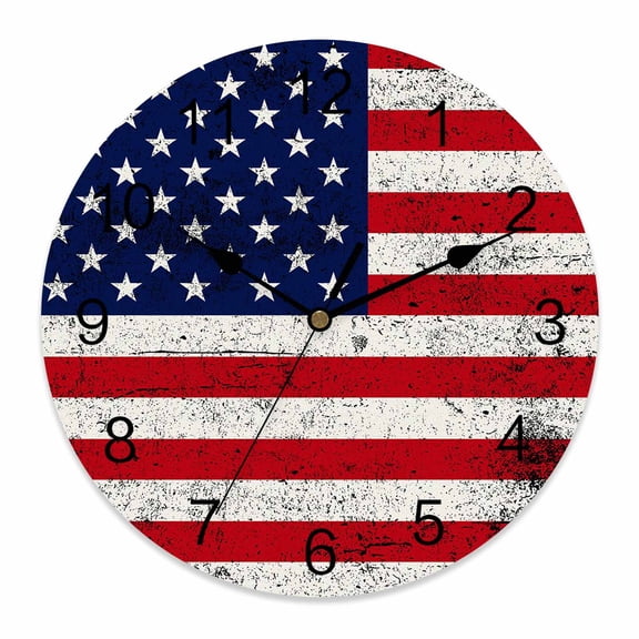 4th of July Wall Clock American Flag Clocks PVC Silent Non-Ticking Battery Operated Retro USA Flag July 4th Round Clock for Home Living Room Kitchen Bedroom Office School Wall Decor 10 Inch
