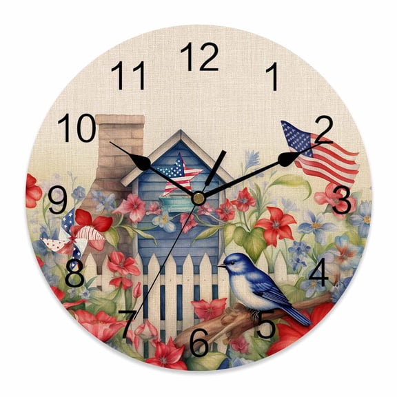 4th of July Wall Clock American Flag Flower Bird Clocks PVC Silent Non-Ticking Battery Operated Patriotic Memorial Liberty Round Clock for Home Living Room Bedroom Office School Wall Decor 10 Inch