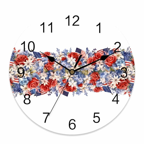 4th of July Wall Clock American Flag Flower Clocks PVC Silent Non-Ticking Battery Operated Patriotic Memorial Liberty Round Clock for Home Living Room Bedroom Office School Wall Decor 10 Inch