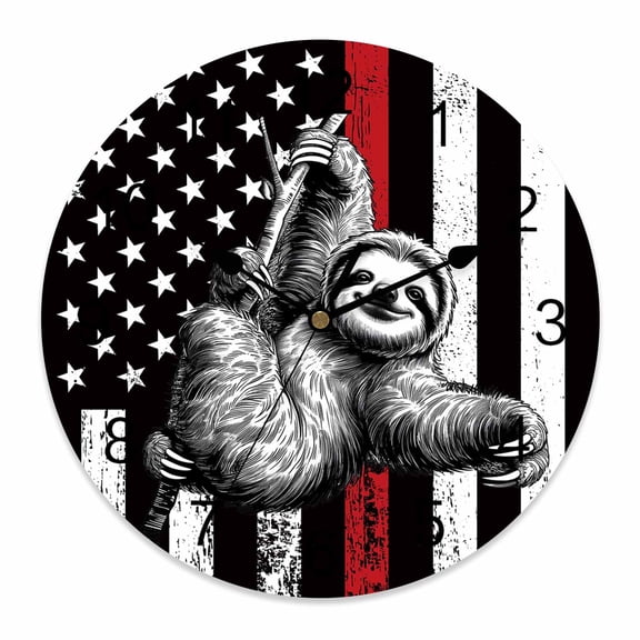 4th of July Wall Clock American Flag Sloth Clocks PVC Silent Non-Ticking Battery Operated USA Flag Red Stripes Round Clock for Home Living Room Bedroom Office School Wall Decor 10 Inch