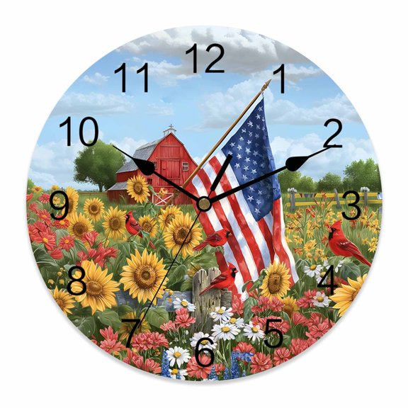 4th of July Wall Clock American Flag Sunflower Clocks PVC Silent Non-Ticking Battery Operated Farmhouse Barn Bird Round Clock for Home Living Room Kitchen Bedroom Office School Wall Decor 10 Inch