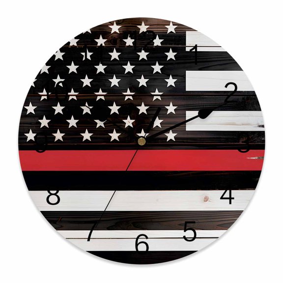 4th of July Wall Clock American USA Flag Clocks PVC Silent Non-Ticking Battery Operated Red Lines Stripe Rustic Wood Firefighter Round Clock for Home Living Room Bedroom Office Wall Decor 10 Inch