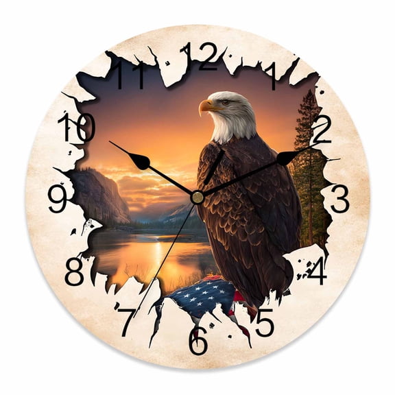 4th of July Wall Clock Bald Eagle Clocks PVC Silent Non-Ticking Battery Operated American Flag Torn Paper Landscape Round Clock for Home Living Room Kitchen Bedroom Office School Wall Decor 10 Inch