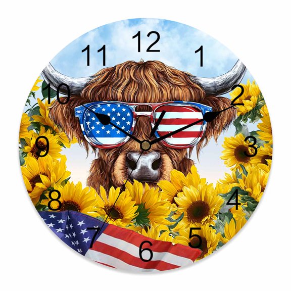 4th of July Wall Clock Farmhouse Yak Clocks PVC Silent Non-Ticking Battery Operated Patriotic Sunflowers American Flag Round Clock for Home Living Room Bedroom Office School Wall Decor 10 Inch