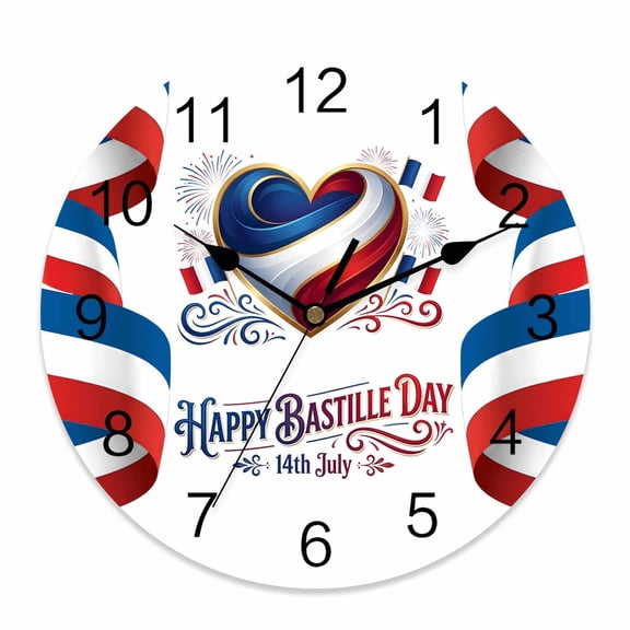 4th of July Wall Clock Happy Bastille Day Clocks PVC Silent Non-Ticking Battery Operated French National Day Flag Round Clock for Home Living Room Kitchen Bedroom Office School Wall Decor 10 Inch