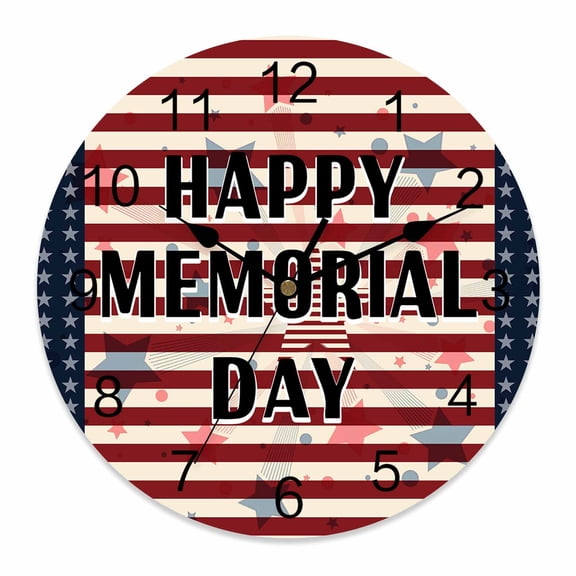 4th of July Wall Clock Happy Memorial Day Clocks PVC Silent Non-Ticking Battery Operated Patriotic Star Stripes Round Clock for Home Living Room Kitchen Bedroom Office School Wall Decor 10 Inch