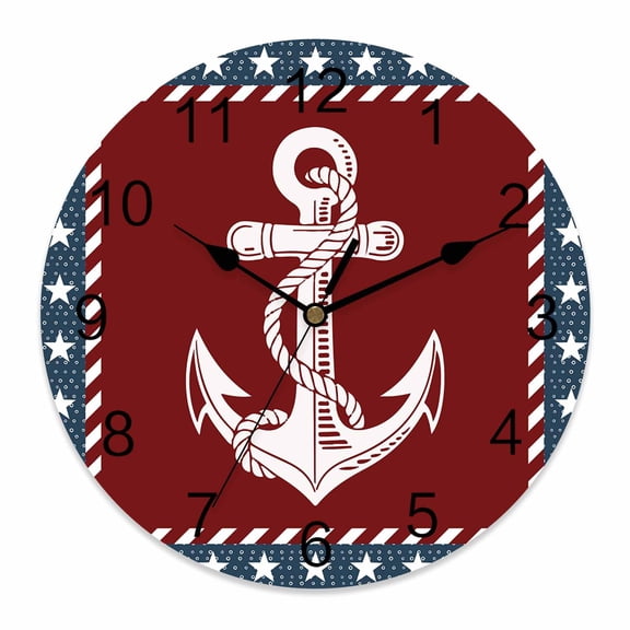 4th of July Wall Clock Nautical Anchor Clocks PVC Silent Non-Ticking Battery Operated Red White Blue Stars USA Flag Round Clock for Home Living Room Kitchen Bedroom Office School Wall Decor 10 Inch