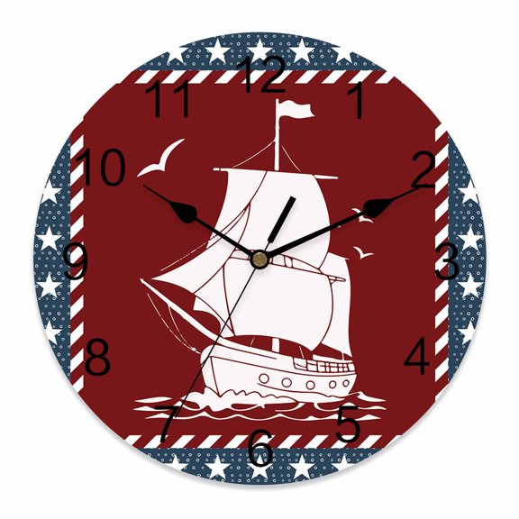 4th of July Wall Clock Ocean Ship Clocks PVC Silent Non-Ticking Battery Operated Red White Blue Stars USA Flag Round Clock for Home Living Room Kitchen Bedroom Office School Wall Decor 10 Inch