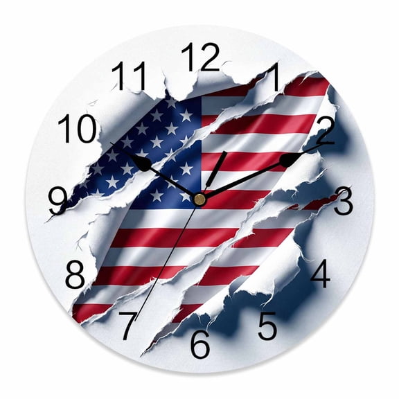 4th of July Wall Clock Patriotic American Flag Clocks PVC Silent Non-Ticking Battery Operated Decorative Torn Paper Round Clock for Home Living Room Kitchen Bedroom Office School Wall Decor 10 Inch